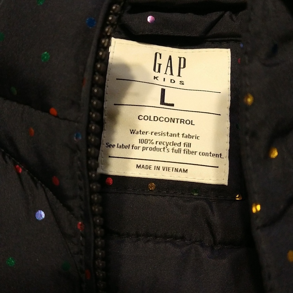 2/$20 GAP navy puffer vest with rainbow colored polka dots size L - Picture 3 of 5